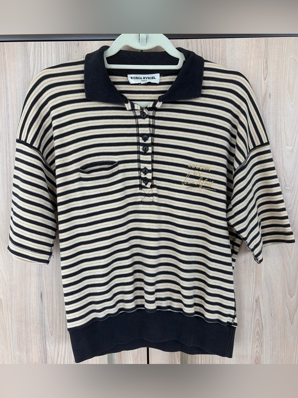 Vintage 90s Sonia Rykiel Paris Knit Polo Striped Cotton Top Size L Brown Tan Gol